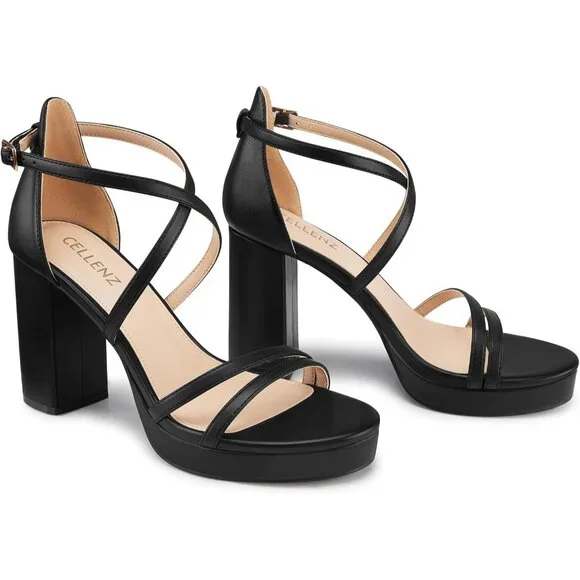 Women's Black Sandal Stylish Comfortable Chunky Blocked Strappy Heel Shoe - Picture 4 of 5